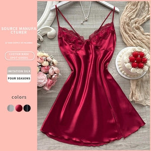 Women Satin Nightgown Lingerie Imitation Satin Lace V Neck Spaghetti Strap Sleepwear Sexy Chemise
