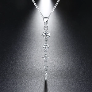 S925 Sterling Silver Necklace with four round cubic zirconia stones in vertical design