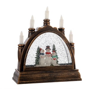 Christmas snowman snow globe lamp with five LED candles and snowflake decorations