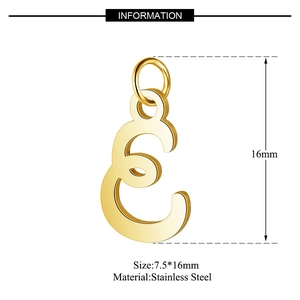 Detail of gold letter E pendant with dimensions 7.5x16mm in polished stainless steel
