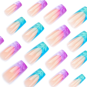 3D French Gradient Press-on Nägel mit lila-blauen Blattadern auf quadratischen Spitzen