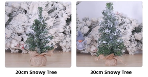 Miniature snow-flocked Christmas trees in 20cm and 30cm sizes with burlap bases