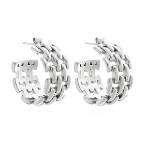 Modern hollow silver stainless steel C-shape chain link hoop earrings for women