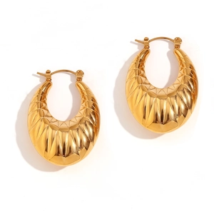 Chic 18K gold plated hollow oval earrings with geometric diamond texture on white background