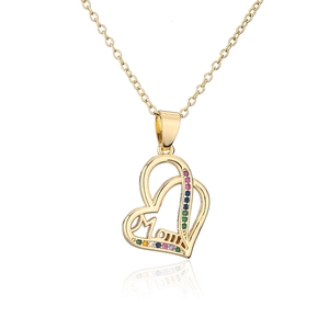 Detailed view of an 18K gold plated MOM heart pendant with colorful cubic zirconia