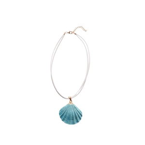 Elegant gold shell pendant necklace with blue painted seashell and white double cord