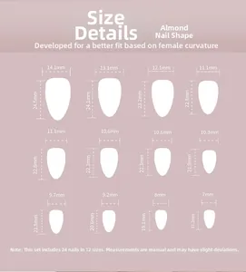 Detailed size guide for almond press-on nails including dimensions for all 24 pieces