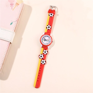 Detailed view of kids quartz watch featuring 3D soccer patterns and colorful numeric dial