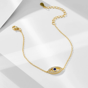 S925 sterling silver gold plated evil eye bracelet with blue and white zircon stones