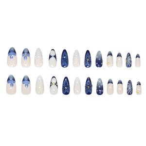 24pcs Blue Lily vintage press-on nails with 3D pearls and gradient striped patterns