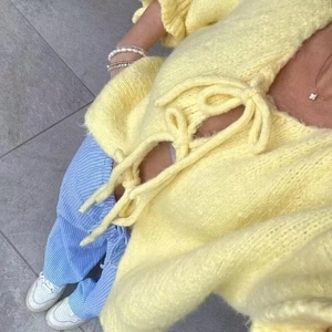 Women Yellow Knit Cardigan Sweater With Tie-Front Bows And Ruffle Trim Sleeves Soft Sweet Casual Knitted Ribbed Top