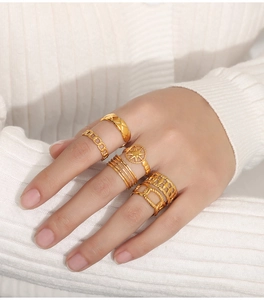 Detail view of 18k gold-plated titanium steel ring set featuring five trendy designs