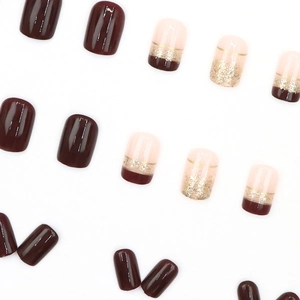 Short square burgundy and glitter gold leaf French press-on nails with glossy finish