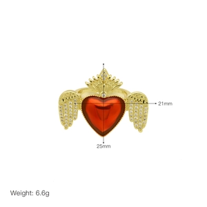 Detail of red heart crown ring with wings showing dimensions 21mm by 25mm and 6.6g weight