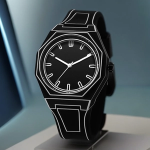 Macro shot of minimalist black anime-style sketch watch with white geometric outlines