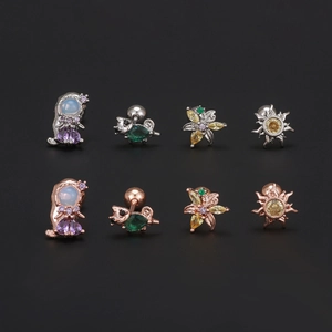 Set of 8 colorful zircon flower and star piercing earrings in silver and rose gold