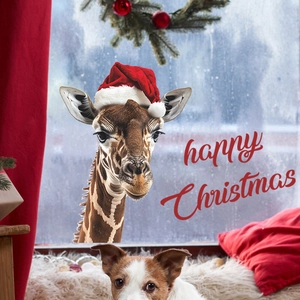 Adesivo per finestra con giraffa di Natale e scritta Happy Christmas per decorazioni