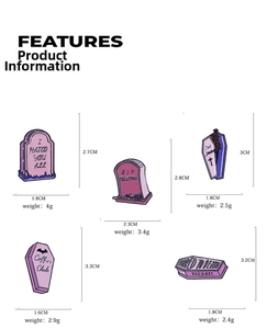 Detailed size and weight specs for Halloween gothic enamel coffin and tombstone brooches