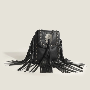 Fashionable black leather mini crossbody bag with silver studs and long fringe details