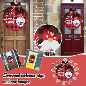 Wooden Seasonal Welcome Sign Interchangeable Gnome Door Hanger Buffalo Plaid Home Decor Rustic Holiday Front Door Hanging