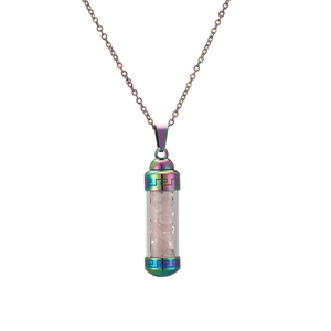 Rainbow stainless steel perfume bottle pendant necklace with pink crystal stones