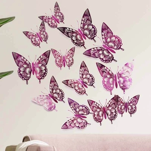 3D hollow purple and pink gradient butterfly wall stickers in a realistic home decor setting