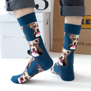 Navy blue crew socks featuring realistic bulldog prints and comfortable ribbed cuffs