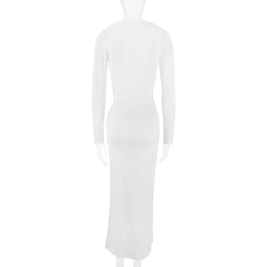 Rear view of sleek long-sleeve white bodycon maxi dress with minimalist silhouette