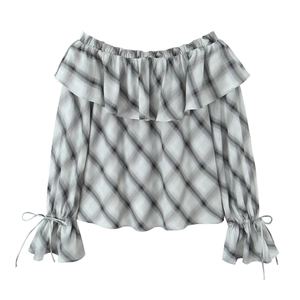 Plaid Off Shoulder Blouse Polyester Ruffle Neckline Long Sleeve Tie Cuff Gray White Black Casual Sweet Top For Women