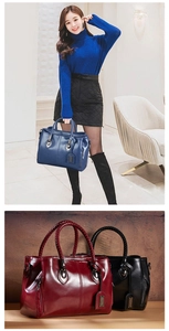 Collage of chic boston bags with woven handles in blue, burgundy and black leather