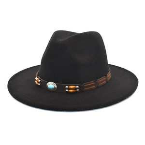 Women Minimalist Woolen Fedora Hat Wide Brim Jazz Cap Bohemian Turquoise Belt Decoration Men Winter Warm Sun Hat Outdoor Travel Accessories
