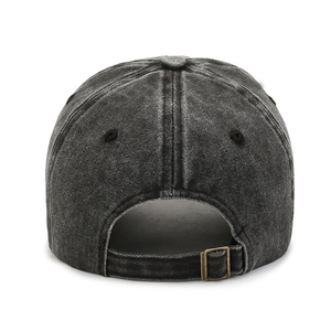 Rear view of vintage washed cotton baseball cap with adjustable metal buckle closure