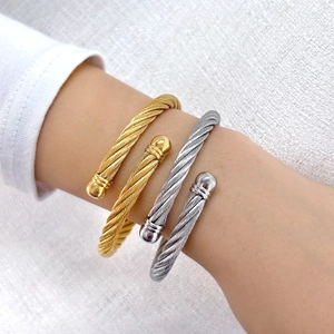 Stainless Steel Twisted Cable Bangle Bracelet Open Adjustable Minimalist Spiral Texture Fashion Jewelry For Women Ball Ends