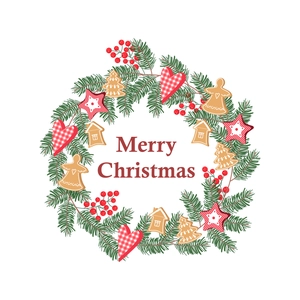Christmas wreath wall sticker featuring evergreen branches, red berries and gingerbread man