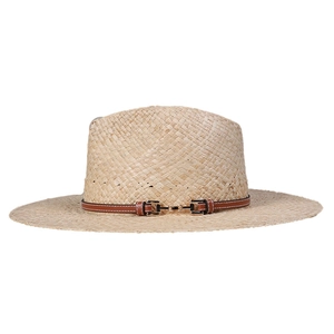 Handwoven raffia straw jazz hat with brown leather belt and gold buckle on white background