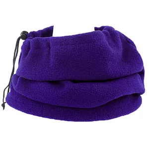 Detail of purple fleece neck gaiter with adjustable drawstring for winter outdoor sports