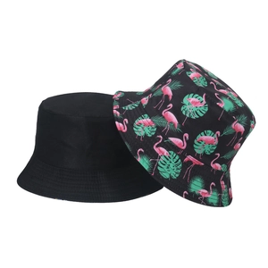 Women's summer beach bucket hat in black and tropical pink flamingo print pattern