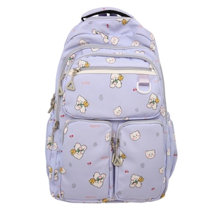 Cute lavender student backpack with cartoon bear and flower prints and functional pockets