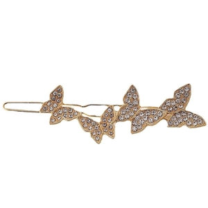 Elegant gold butterfly hair clip with five sparkling rhinestones on a white background