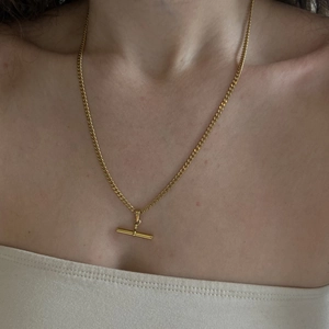 Detail showing the T-bar pendant and curb chain texture on a gold plated necklace