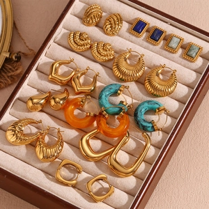 Retro 18K gold-plated geometric earring collection with textured metals and colored resin