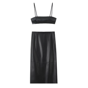 Faux Leather Camisole Crop Top And Midi Skirt Solid Color Sexy Streetwear Fashion For Women Black