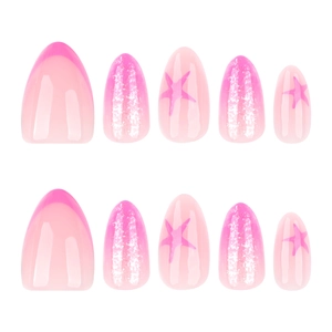 Pink gradient almond press-on nails with star patterns and silver glitter detail