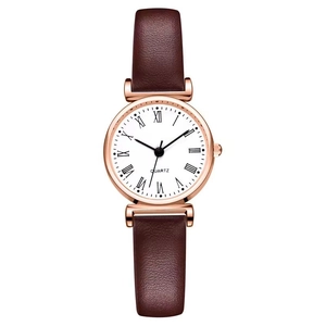 Classic women's quartz watch with brown leather strap and rose gold round metal case