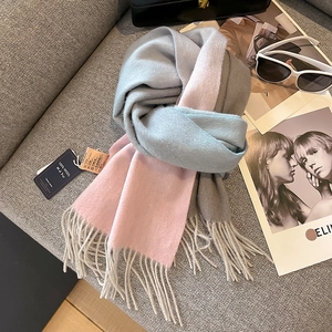 Luxurious 100% pure goat wool scarf with light blue pink gradient and fringe edges