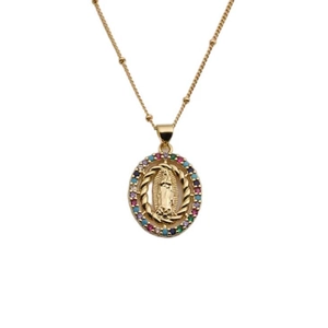 Golden Virgin of Guadalupe pendant necklace with colorful stones on white background