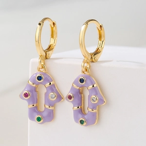 18K gold plated Hamsa Hand hoop earrings with purple enamel and colorful zircons