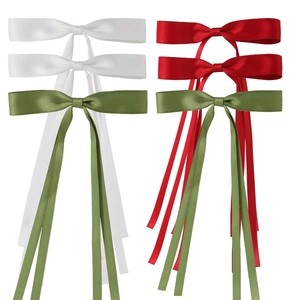 Set of six colorful bow hair clips in white red and green silky satin fabric