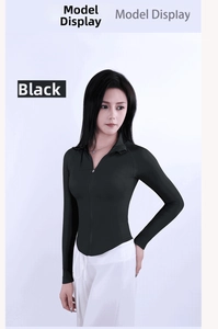 Détail d'un haut de yoga noir sans couture avec coupe ajustée et col montant élégant