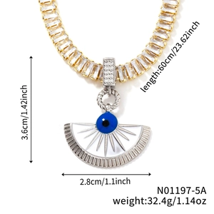 Macro view of evil eye fan pendant with clear zircon chain and detailed measurements